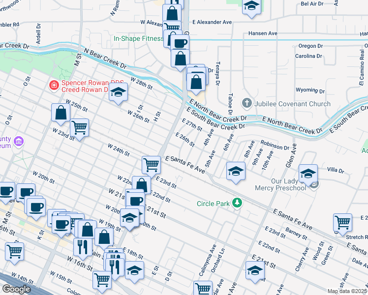 map of restaurants, bars, coffee shops, grocery stores, and more near 2500 2nd Avenue in Merced