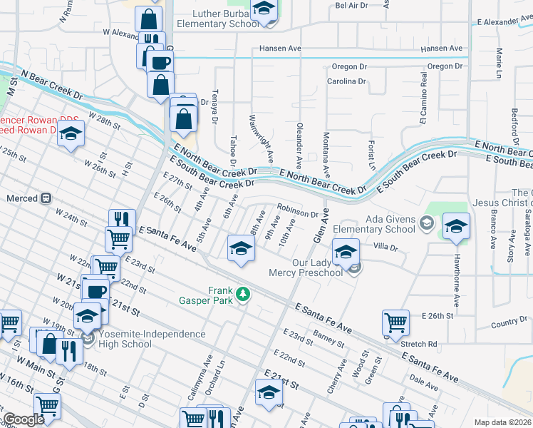 map of restaurants, bars, coffee shops, grocery stores, and more near 2714 8th Avenue in Merced