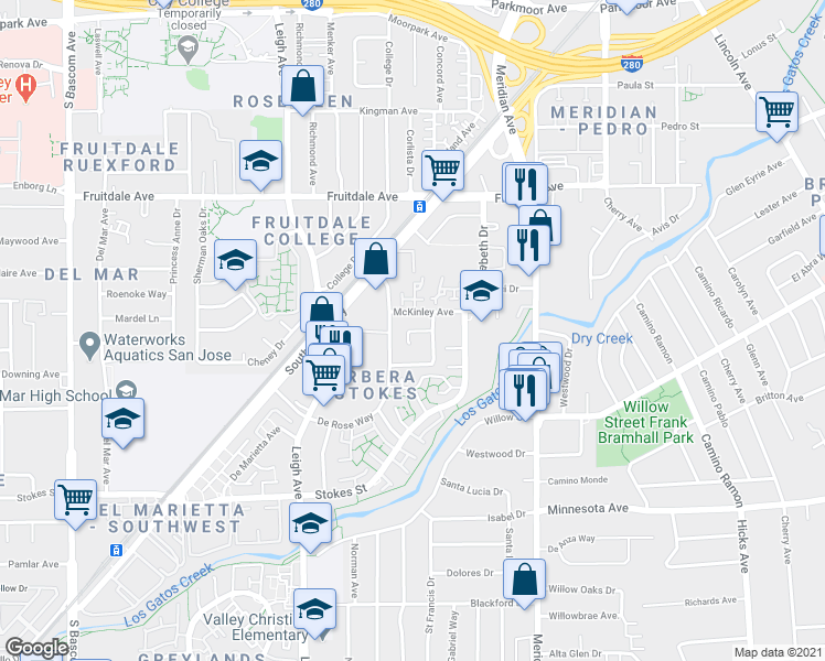 map of restaurants, bars, coffee shops, grocery stores, and more near Willowhaven Court in San Jose