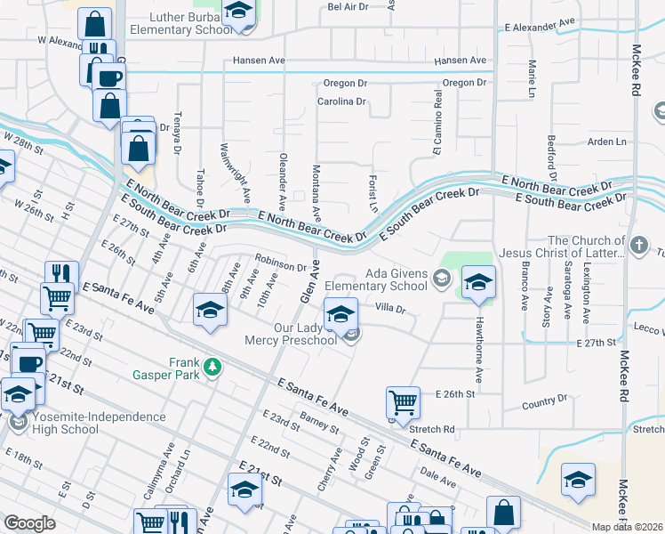 map of restaurants, bars, coffee shops, grocery stores, and more near 1145 Agnes Way in Merced