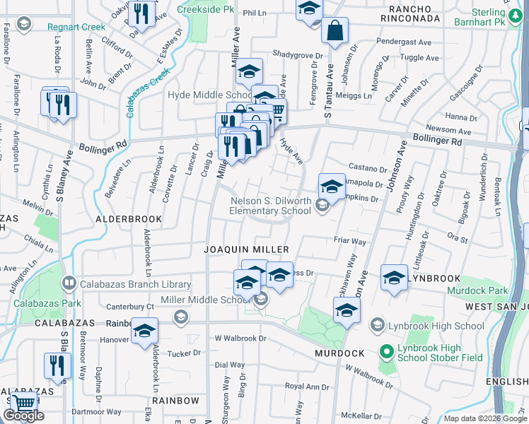 map of restaurants, bars, coffee shops, grocery stores, and more near 1055 Regency Knoll Drive in San Jose