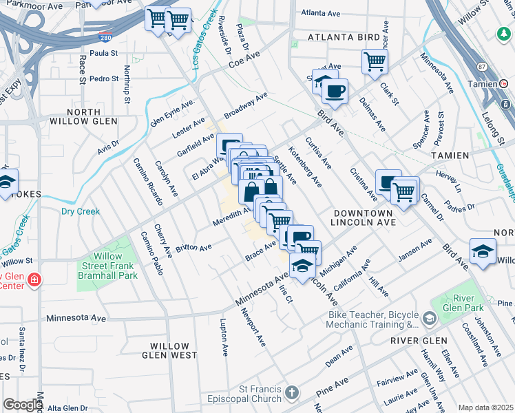 map of restaurants, bars, coffee shops, grocery stores, and more near 1116 Meredith Avenue in San Jose