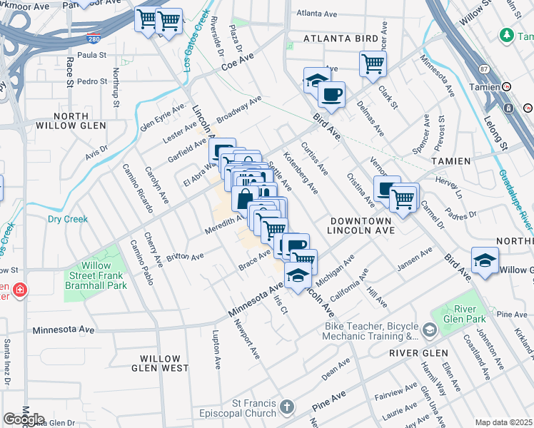 map of restaurants, bars, coffee shops, grocery stores, and more near 1226 Lincoln Avenue in San Jose