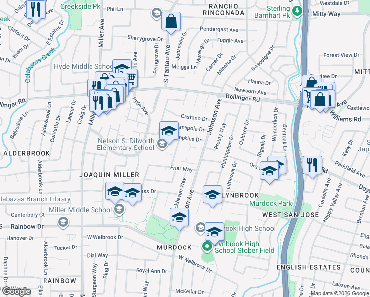 map of restaurants, bars, coffee shops, grocery stores, and more near 5967 Randleswood Court in San Jose