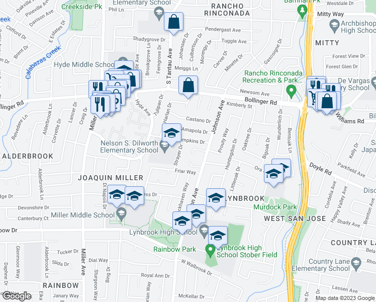 map of restaurants, bars, coffee shops, grocery stores, and more near 5967 Randleswood Court in San Jose