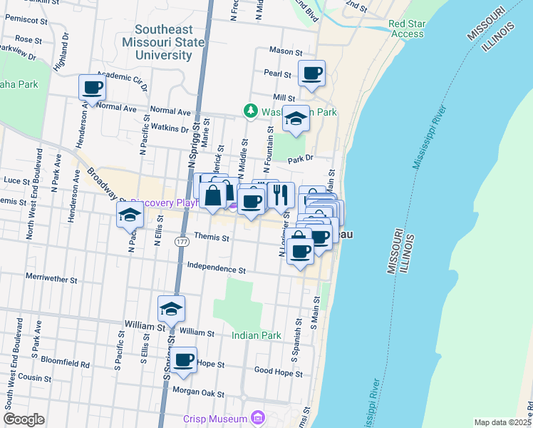 map of restaurants, bars, coffee shops, grocery stores, and more near 338 Broadway Street in Cape Girardeau