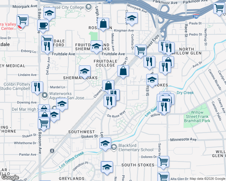 map of restaurants, bars, coffee shops, grocery stores, and more near in San Jose