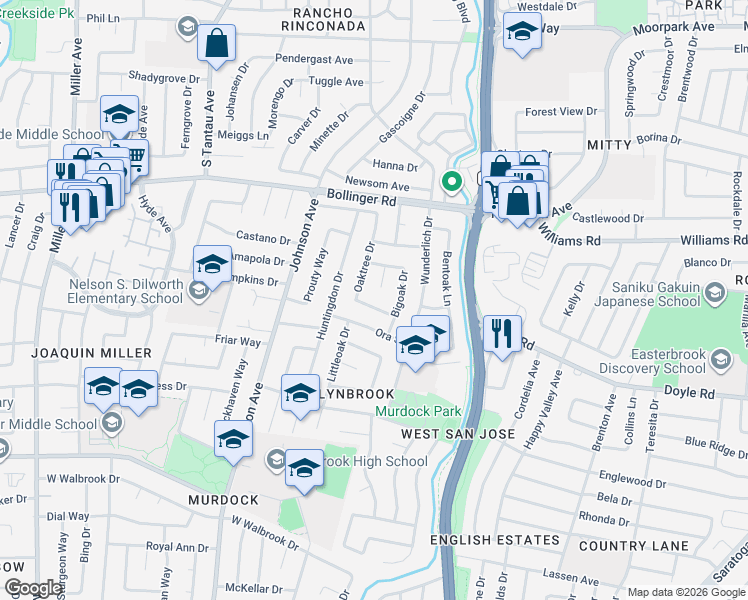 map of restaurants, bars, coffee shops, grocery stores, and more near 1064 Oaktree Drive in San Jose