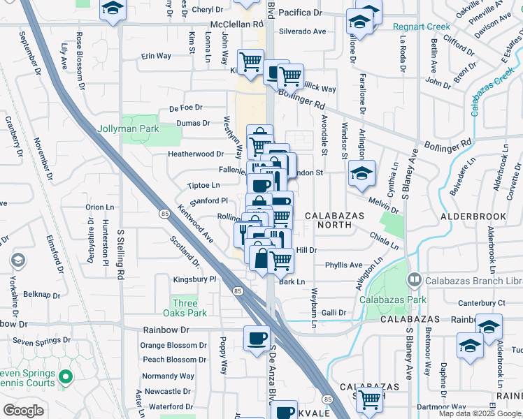 map of restaurants, bars, coffee shops, grocery stores, and more near 1089 South De Anza Boulevard in San Jose
