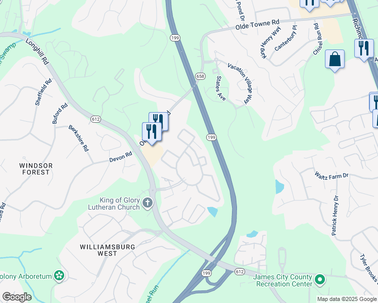 map of restaurants, bars, coffee shops, grocery stores, and more near 153 Chelam Chase in Williamsburg