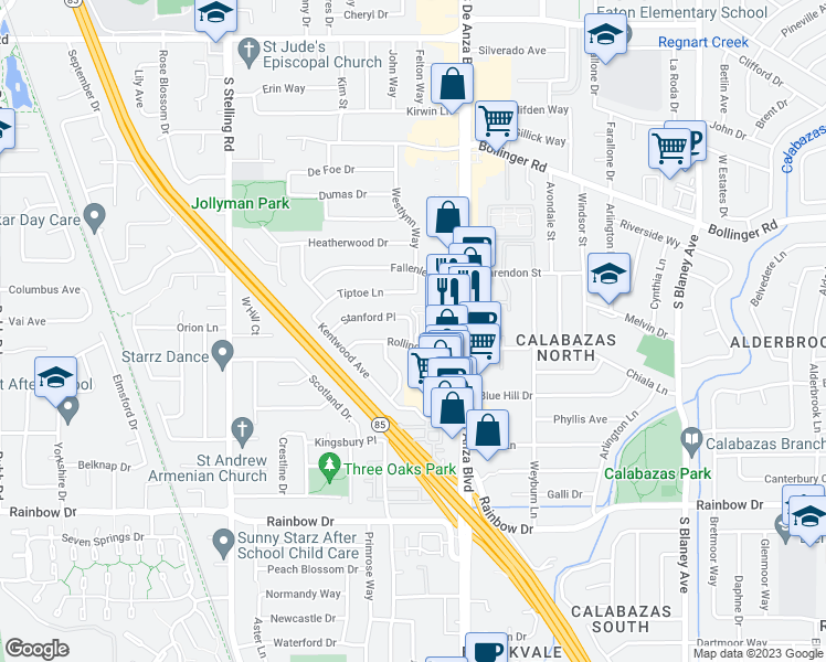 map of restaurants, bars, coffee shops, grocery stores, and more near 222 Annette Way in Cupertino