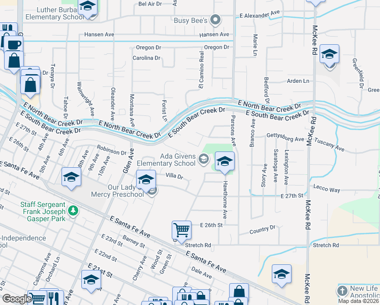 map of restaurants, bars, coffee shops, grocery stores, and more near 1463 Cameron Lane in Merced