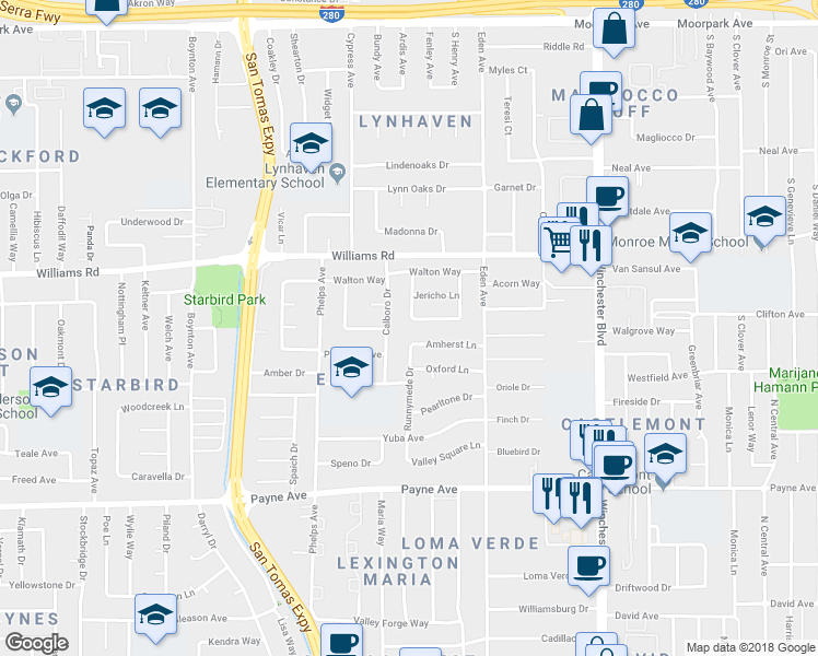 map of restaurants, bars, coffee shops, grocery stores, and more near 1126 Savannah Drive in San Jose