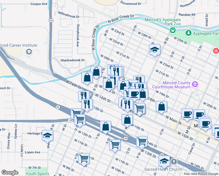 map of restaurants, bars, coffee shops, grocery stores, and more near 1359 West Main Street in Merced