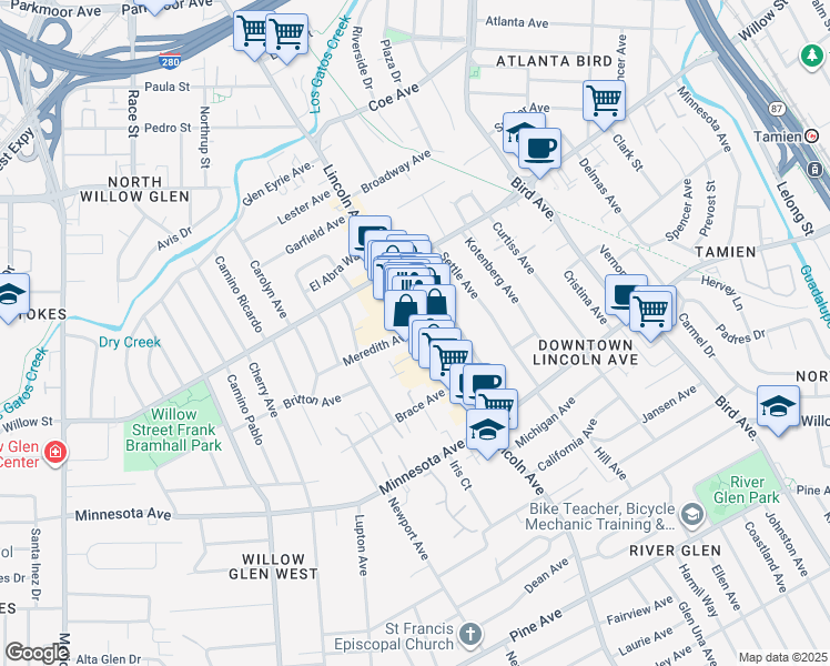 map of restaurants, bars, coffee shops, grocery stores, and more near 1203 Lincoln Avenue in San Jose