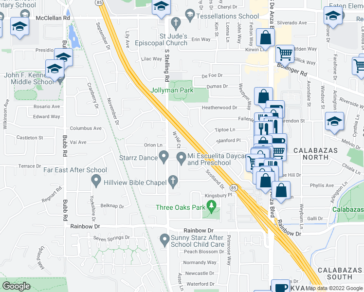 map of restaurants, bars, coffee shops, grocery stores, and more near 1082 West Hill Court in Cupertino