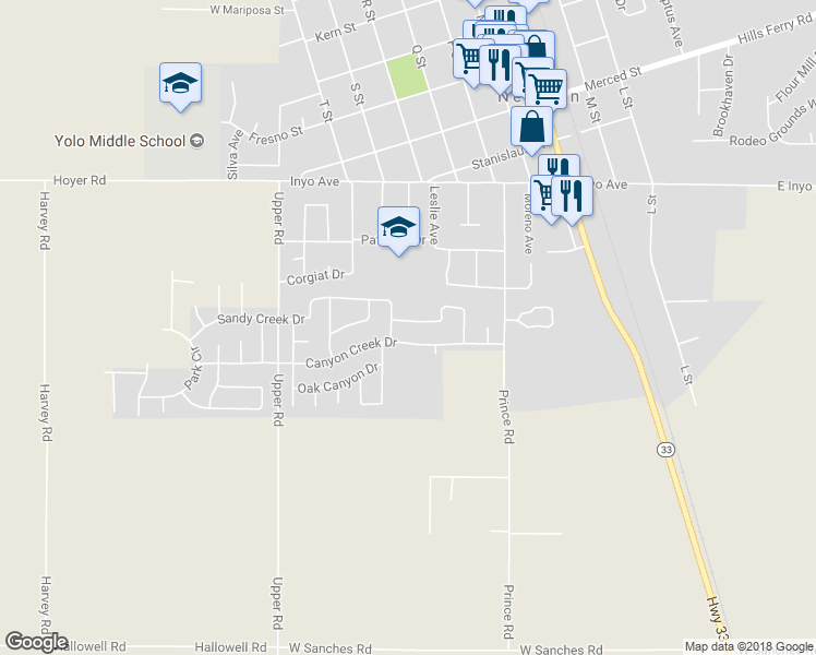 map of restaurants, bars, coffee shops, grocery stores, and more near 1240 Walnut Creek Drive in Newman