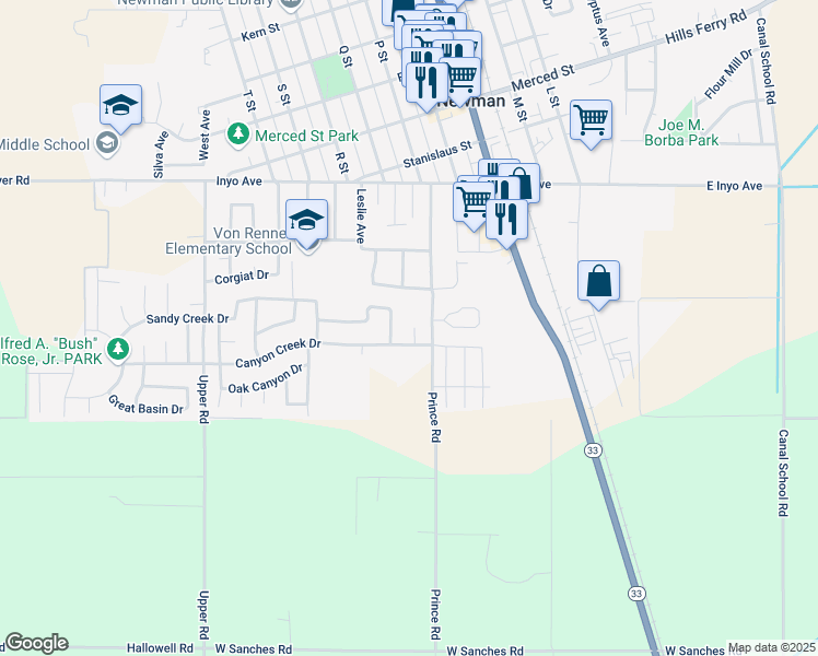 map of restaurants, bars, coffee shops, grocery stores, and more near 2129 Canyon Creek Court in Newman