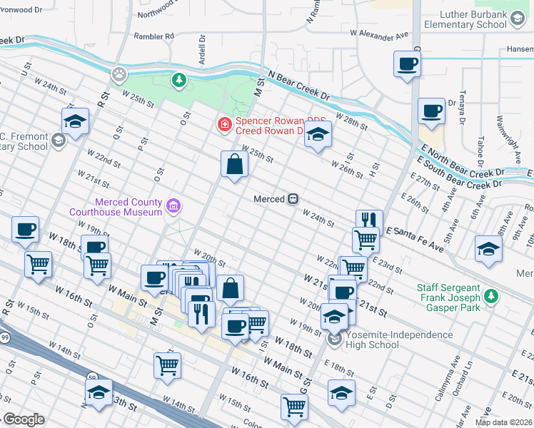map of restaurants, bars, coffee shops, grocery stores, and more near 360 West 23rd Street in Merced