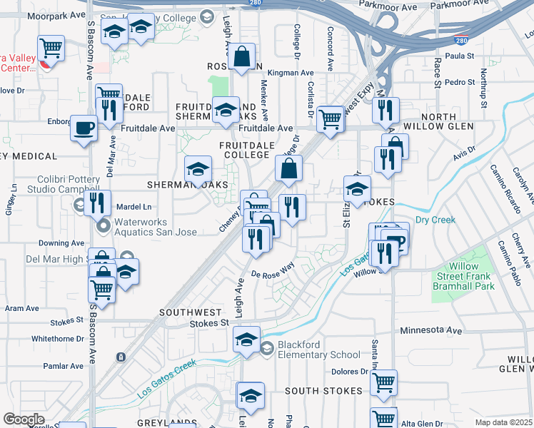 map of restaurants, bars, coffee shops, grocery stores, and more near in San Jose