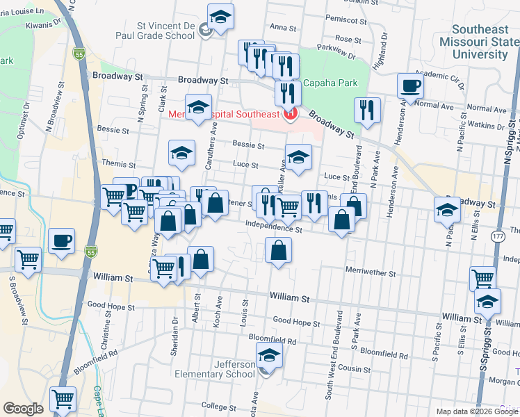map of restaurants, bars, coffee shops, grocery stores, and more near 100 Longview Pl in Cape Girardeau