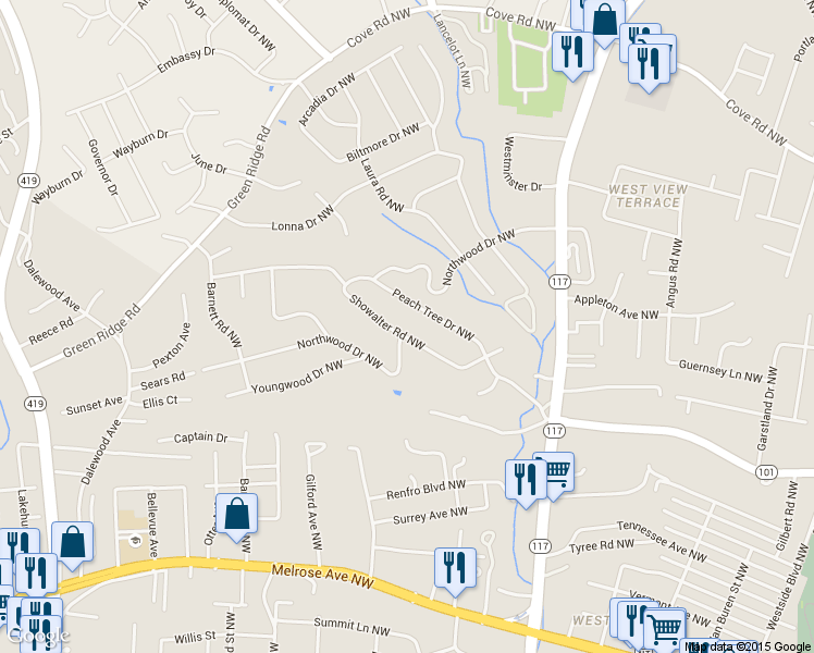 map of restaurants, bars, coffee shops, grocery stores, and more near 4783 Showalter Road Northwest in Roanoke