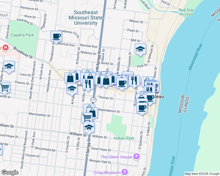 map of restaurants, bars, coffee shops, grocery stores, and more near 519 Broadway Street in Cape Girardeau