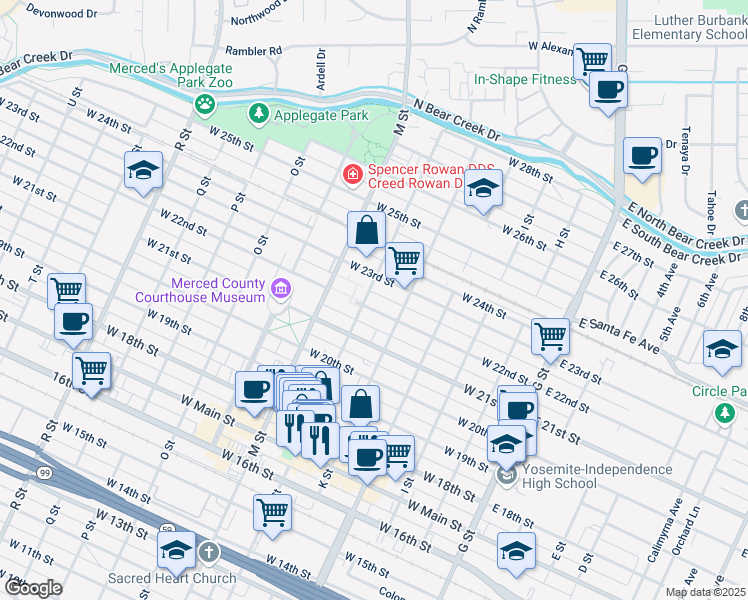 map of restaurants, bars, coffee shops, grocery stores, and more near 457 West 22nd Street in Merced
