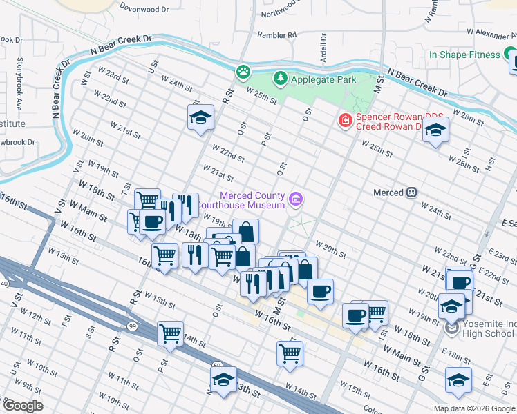 map of restaurants, bars, coffee shops, grocery stores, and more near 2026 O Street in Merced