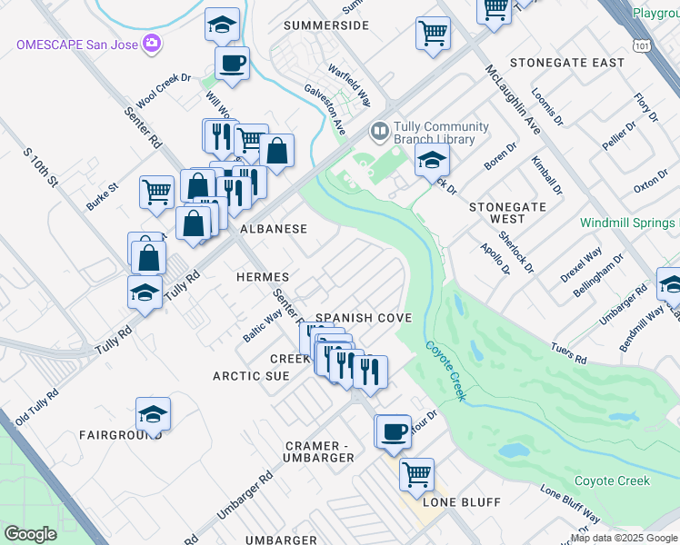 map of restaurants, bars, coffee shops, grocery stores, and more near 2580 Senter Road in San Jose