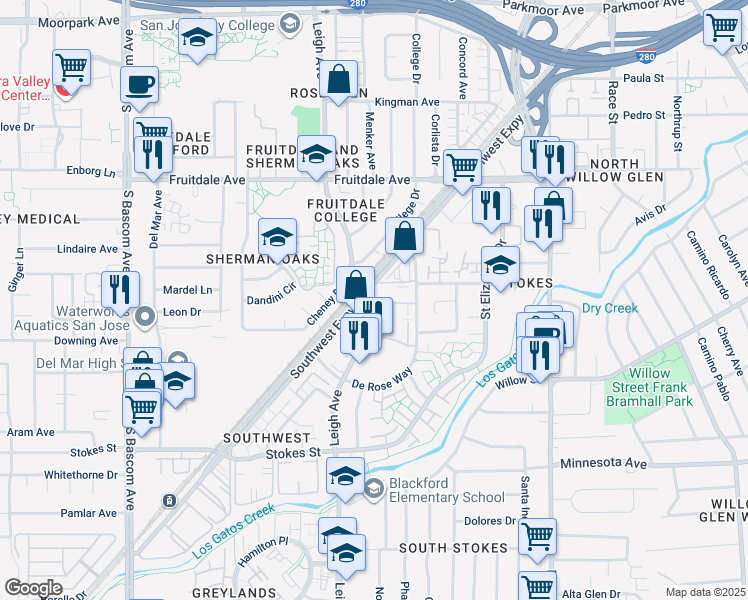 map of restaurants, bars, coffee shops, grocery stores, and more near in San Jose