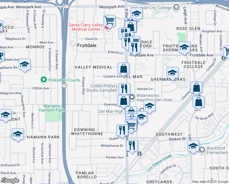 map of restaurants, bars, coffee shops, grocery stores, and more near 1095 Delna Manor Lane in San Jose