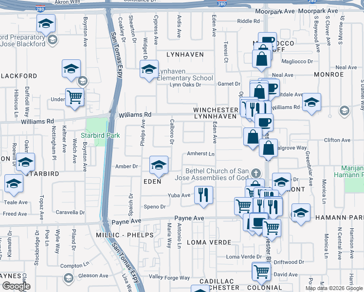 map of restaurants, bars, coffee shops, grocery stores, and more near 1126 Savannah Drive in San Jose