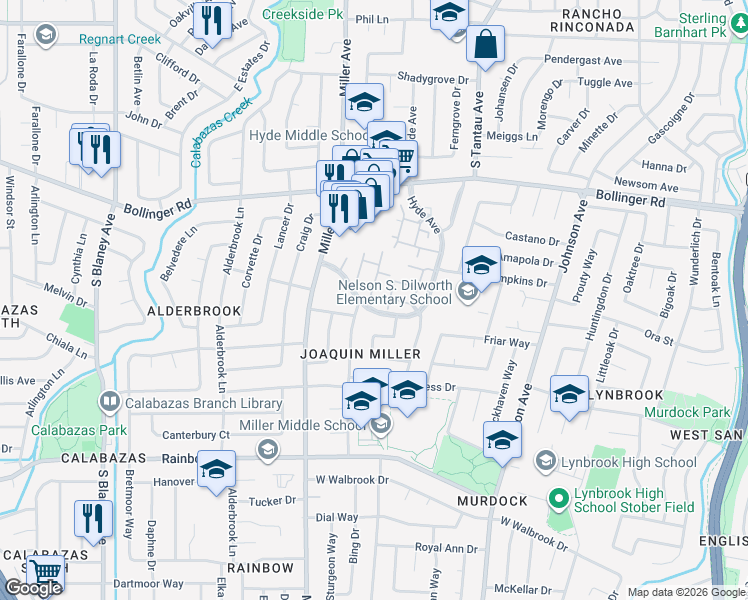 map of restaurants, bars, coffee shops, grocery stores, and more near 1055 Regency Knoll Drive in San Jose