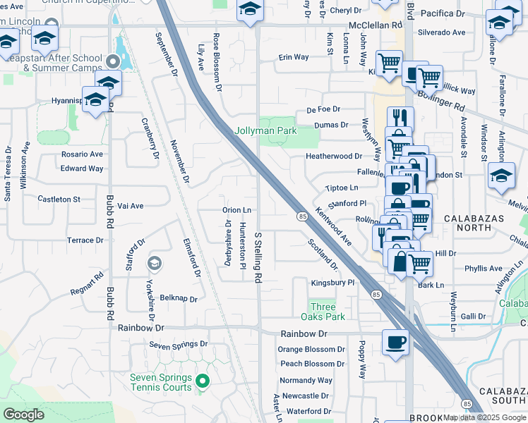 map of restaurants, bars, coffee shops, grocery stores, and more near 1083 South Stelling Road in Cupertino