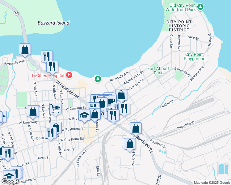 map of restaurants, bars, coffee shops, grocery stores, and more near 315 East Cawson Street in Hopewell
