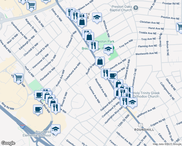 map of restaurants, bars, coffee shops, grocery stores, and more near 3823 Sunrise Avenue Northwest in Roanoke