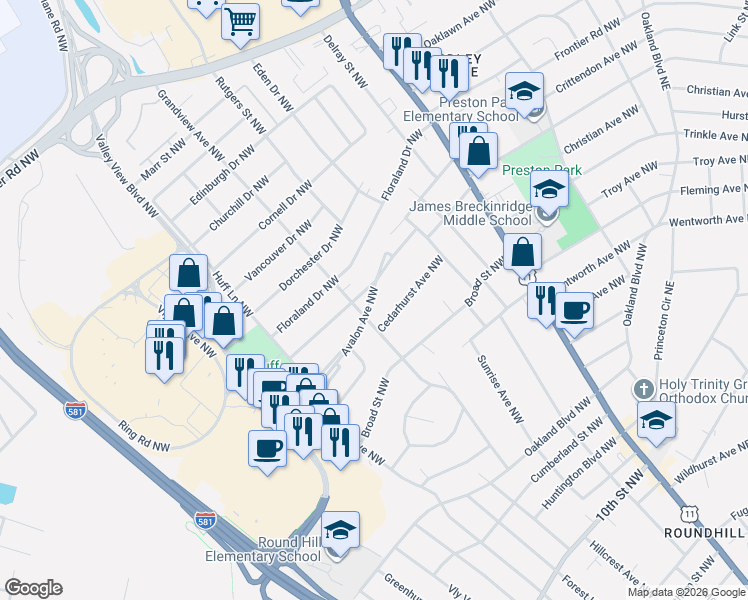 map of restaurants, bars, coffee shops, grocery stores, and more near 2607 Ravenwood Avenue Northwest in Roanoke
