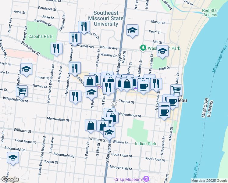 map of restaurants, bars, coffee shops, grocery stores, and more near 721 Broadway Street in Cape Girardeau