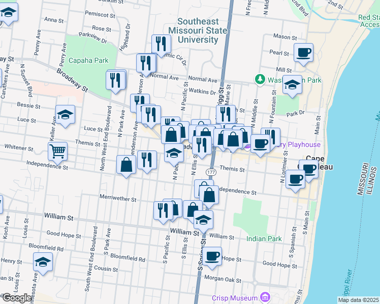 map of restaurants, bars, coffee shops, grocery stores, and more near 818 Themis Street in Cape Girardeau