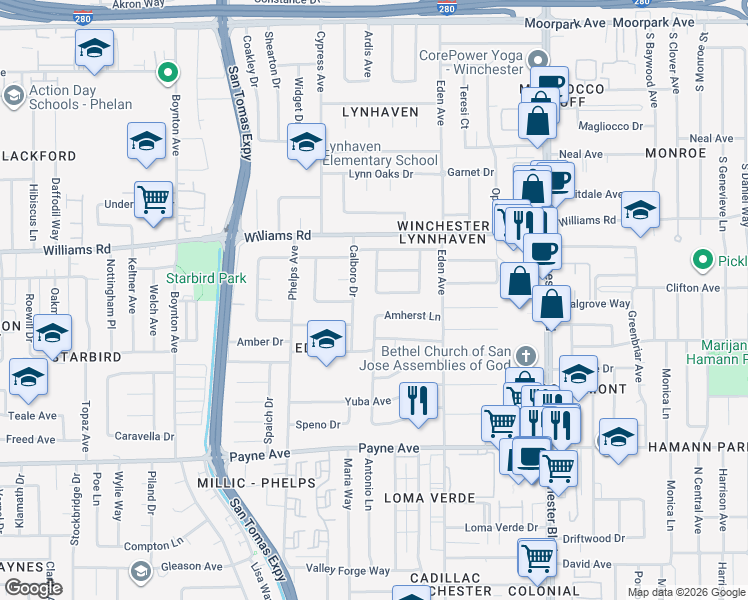 map of restaurants, bars, coffee shops, grocery stores, and more near 1126 Savannah Drive in San Jose