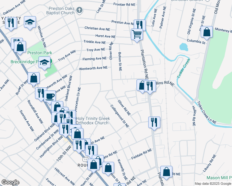map of restaurants, bars, coffee shops, grocery stores, and more near 3411 Oliver Road Northeast in Roanoke