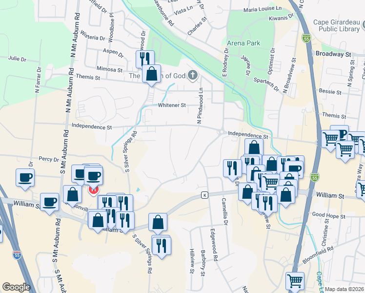 map of restaurants, bars, coffee shops, grocery stores, and more near 15 South Pindwood Lane in Cape Girardeau