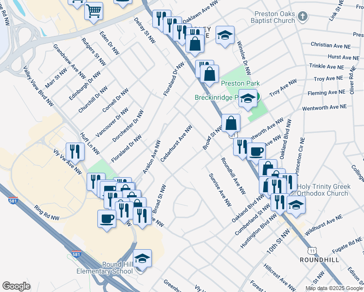 map of restaurants, bars, coffee shops, grocery stores, and more near 2711 Cedarhurst Avenue Northwest in Roanoke
