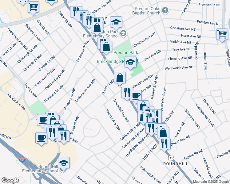 map of restaurants, bars, coffee shops, grocery stores, and more near 3805 Shadylawn Avenue Northwest in Roanoke