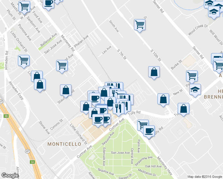 map of restaurants, bars, coffee shops, grocery stores, and more near 2000 Monterey Road in San Jose