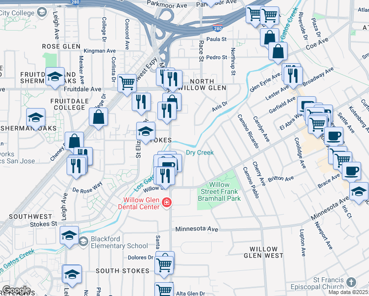 map of restaurants, bars, coffee shops, grocery stores, and more near 1022 Westwood Drive in San Jose
