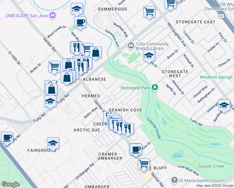 map of restaurants, bars, coffee shops, grocery stores, and more near 2 Senter Road in San Jose