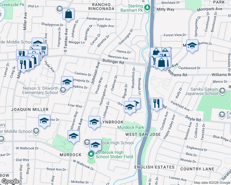 map of restaurants, bars, coffee shops, grocery stores, and more near 1064 Oaktree Drive in San Jose