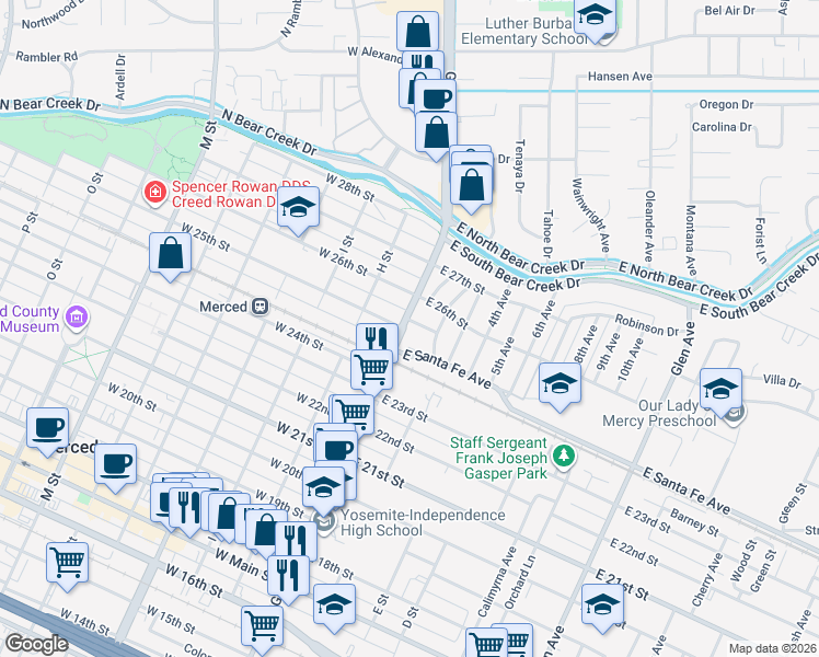 map of restaurants, bars, coffee shops, grocery stores, and more near 2490 G Street in Merced